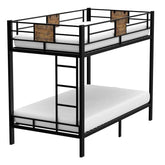 A sturdy black metal bunk bed with wooden slats, designed for space-saving and functionality.
